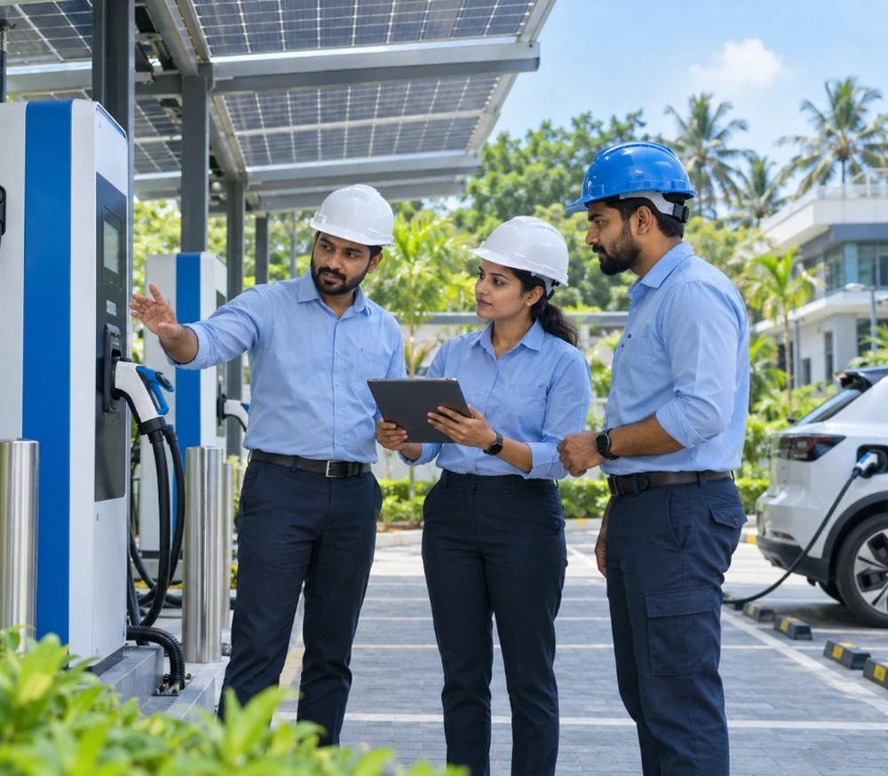 Engineers inspecting EV charging infrastructure with solar canopy - Nellisseril Group